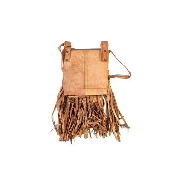 Vintage Moroccan Boho Fringe Bag Tan Leather Embroidered Crossbody - Picture 3 of 5